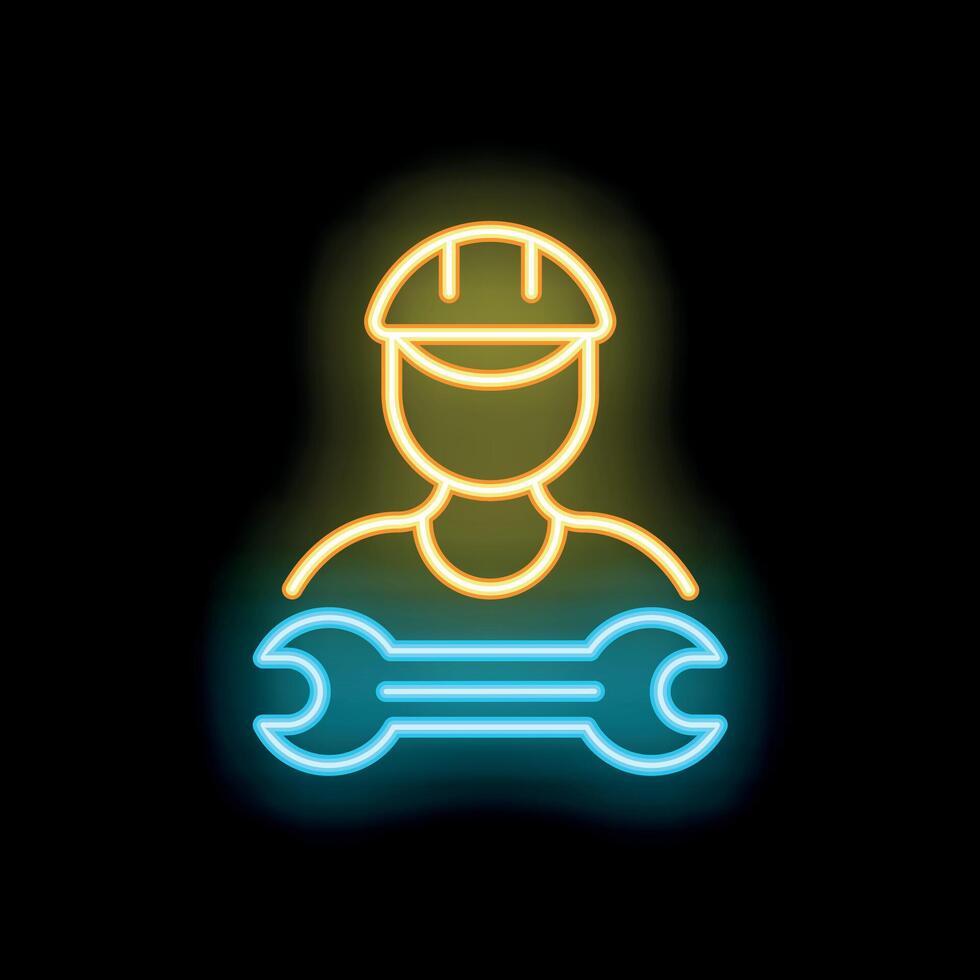 Neon sign of a construction worker holding a wrench vector