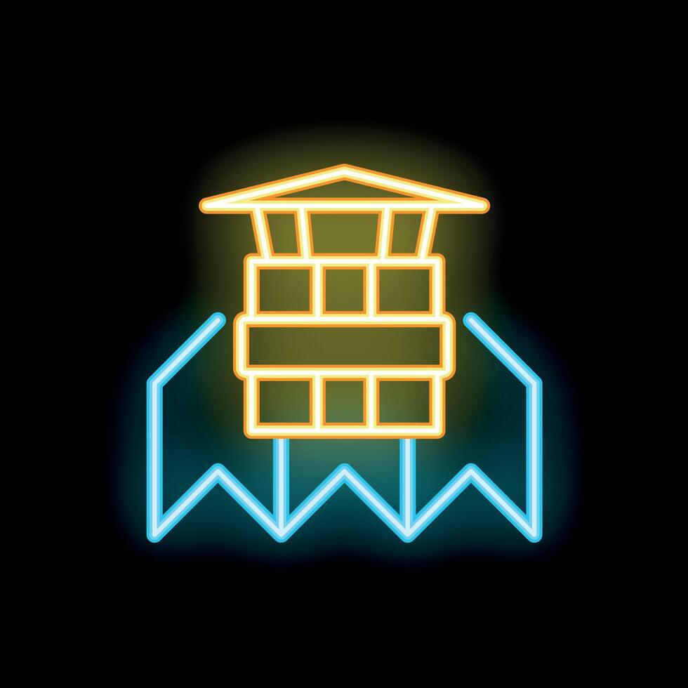 Neon sign representing a watchtower standing guard over barbed wire fence vector