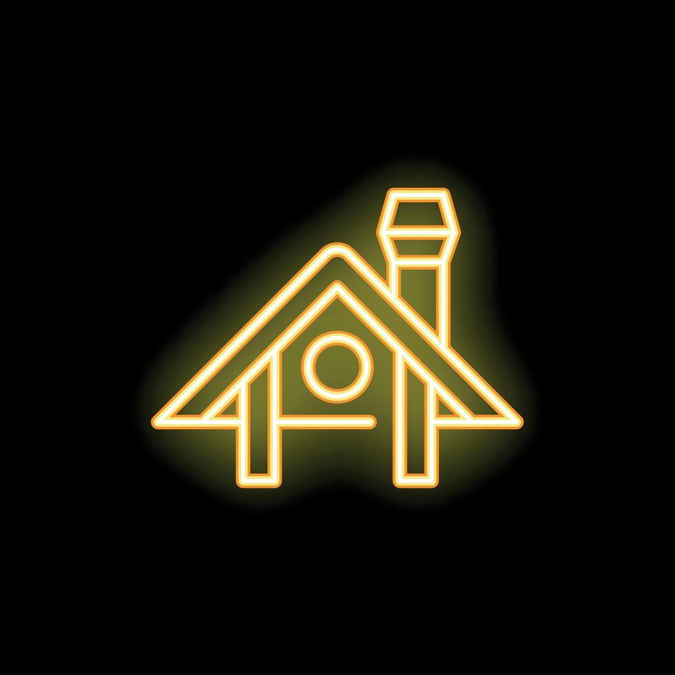 Yellow neon icon of a wooden house with a chimney glowing on black background vector
