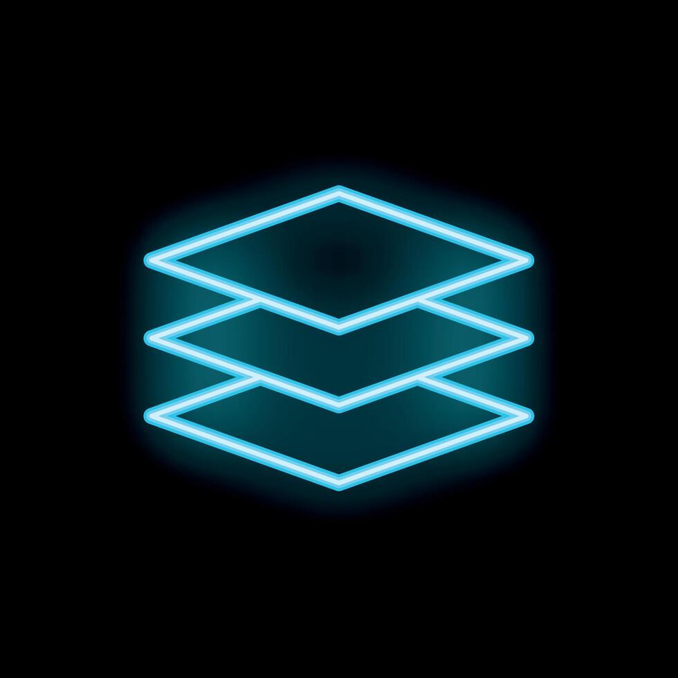 Neon blue layers icon glowing against a black background vector
