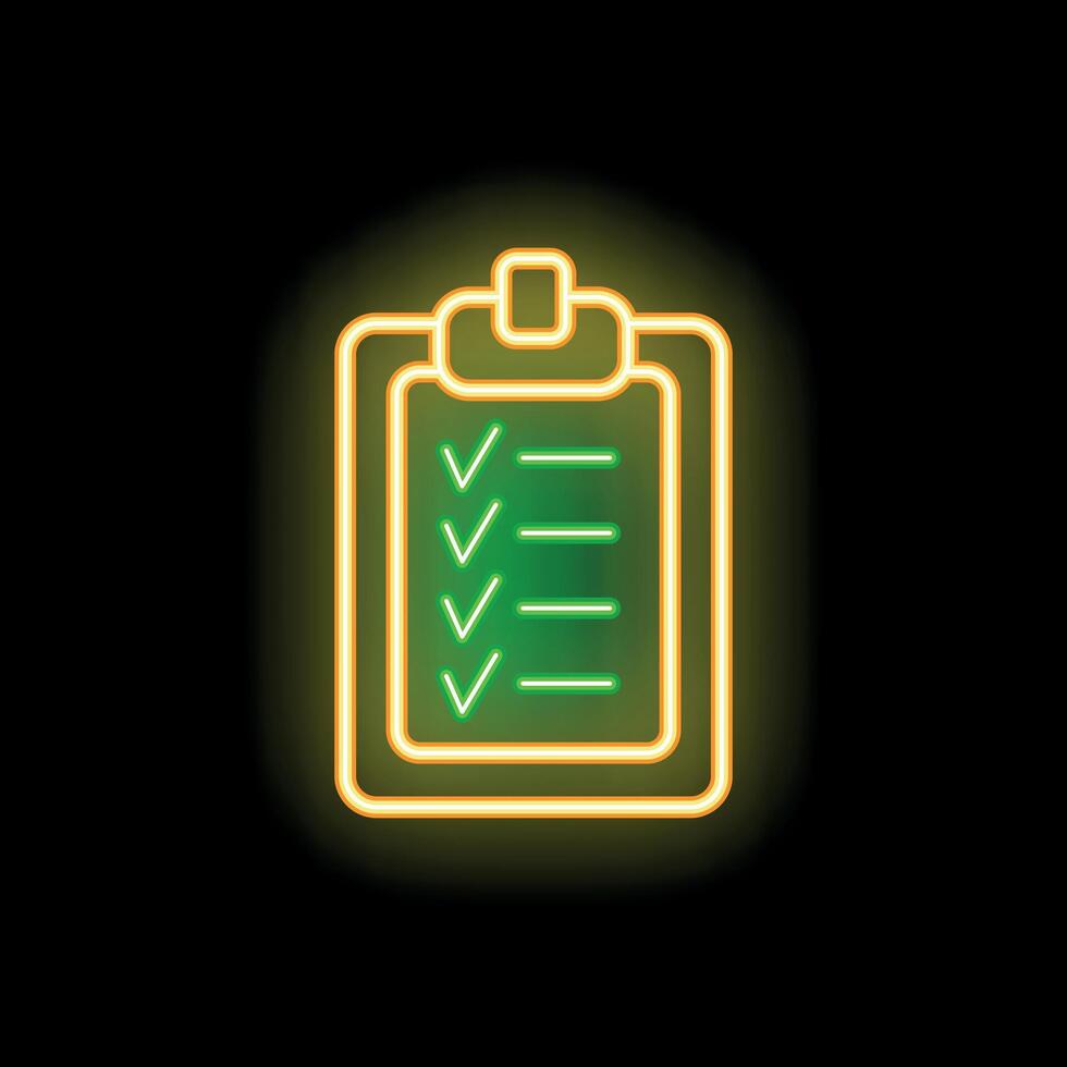 Neon clipboard with checklist showing tasks completed glowing green and yellow vector