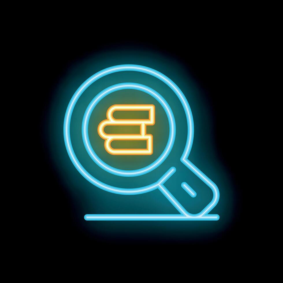 Neon magnifying glass searching books stack on dark background vector