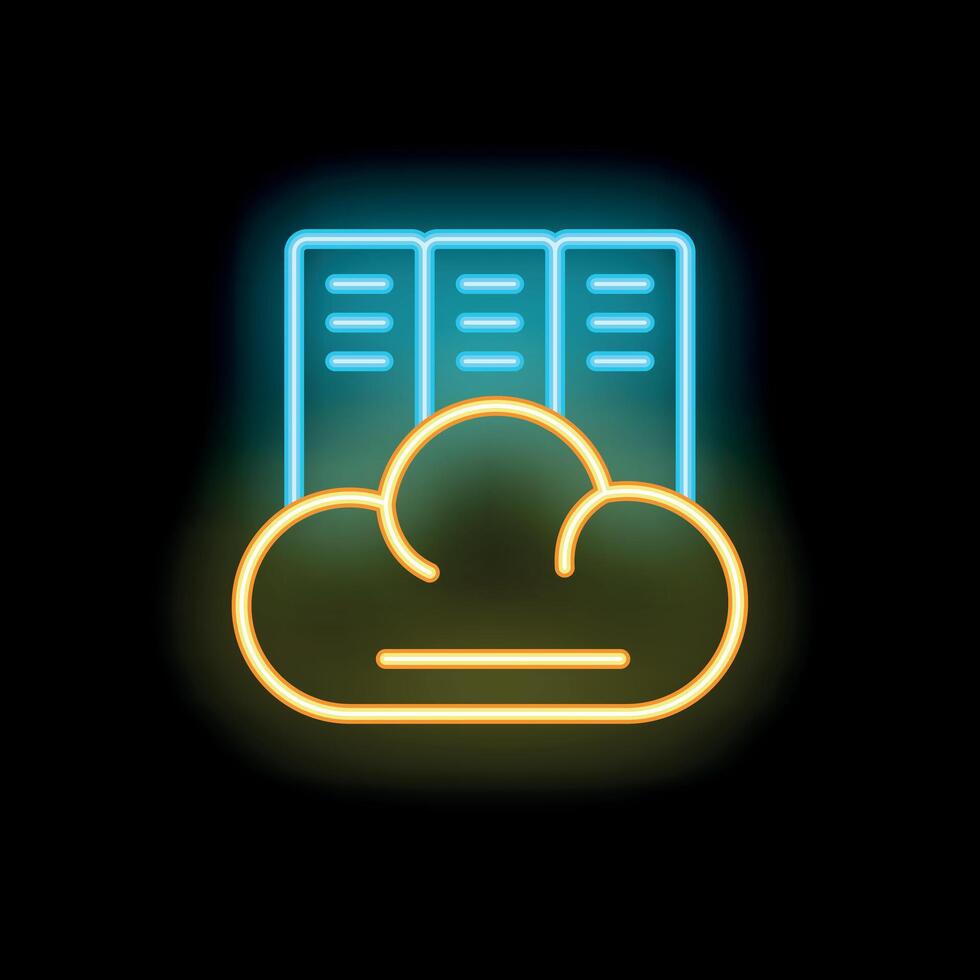 Neon server rack icon representing cloud computing technology vector