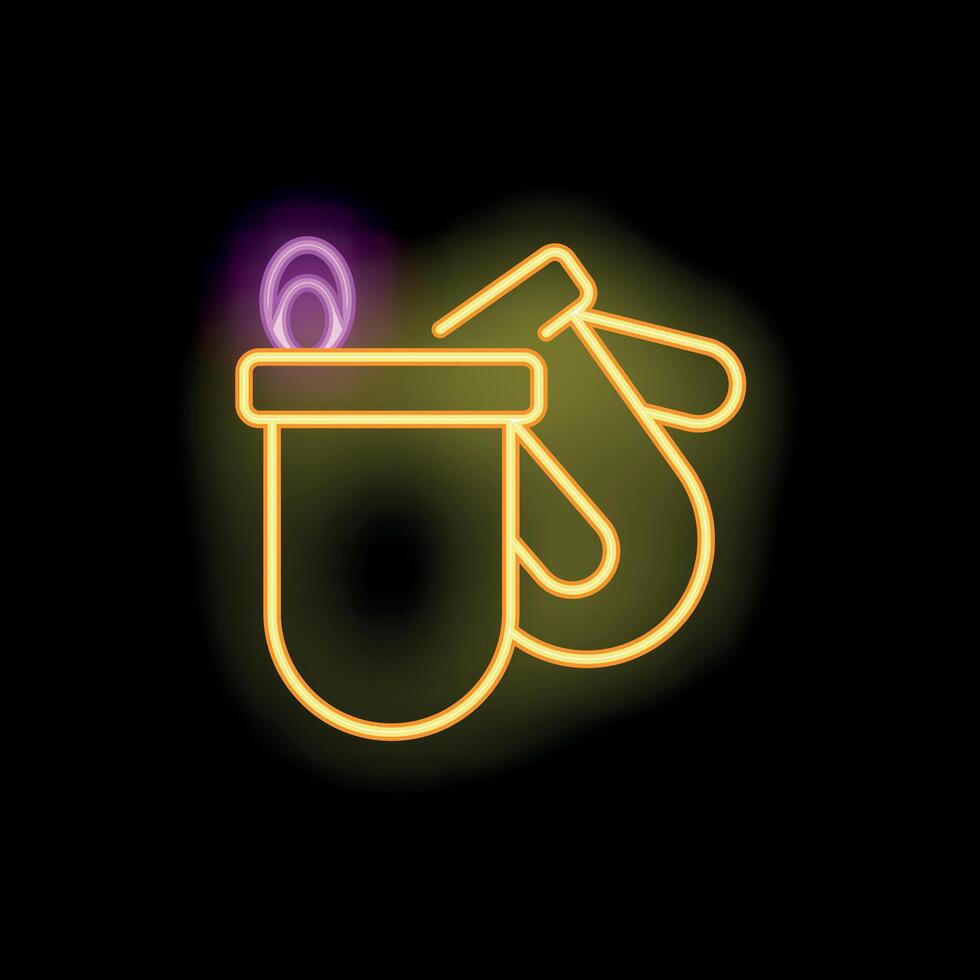 Neon sign representing oven mitts holding hot pot with steam coming out vector