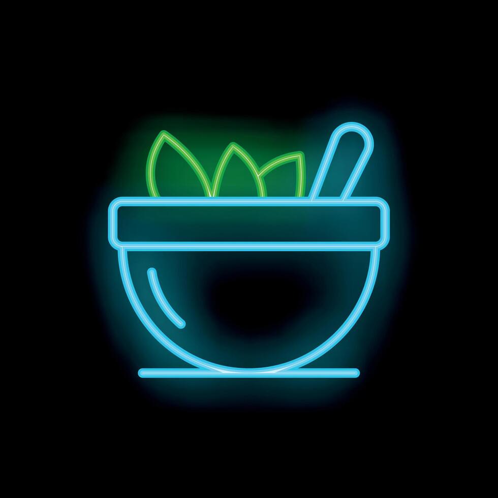 Neon style icon of mortar and pestle with leaves for apothecary branding vector