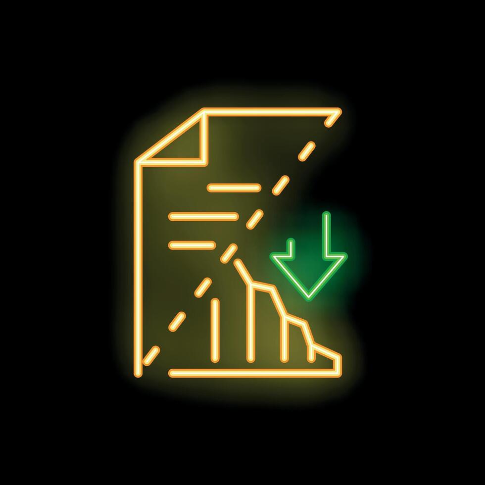 Neon icon of document with decreasing graph showing negative trend vector