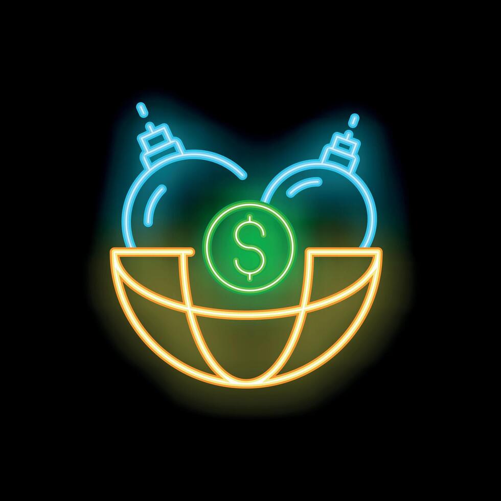 Neon sign depicting two explosives falling on earth with dollar coin inside, vector
