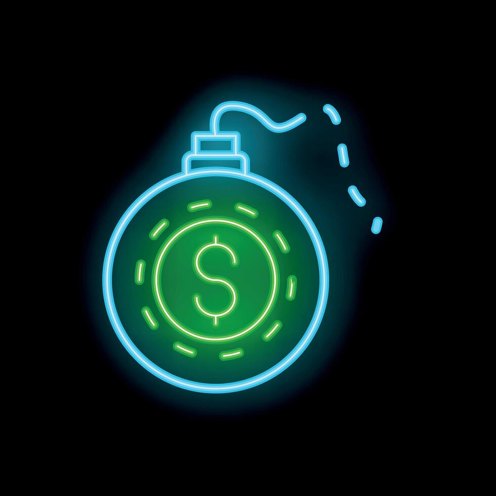Neon icon of bomb with burning wick and dollar sign inside vector