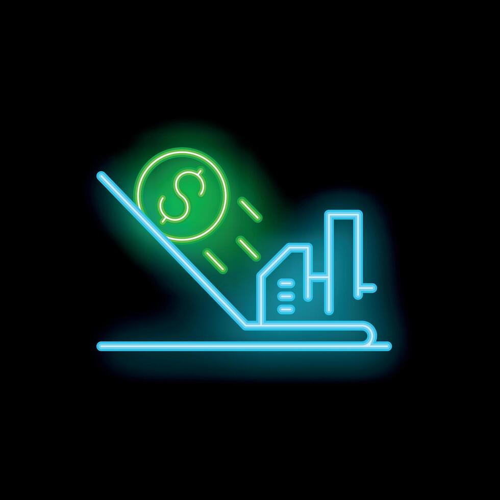 Neon sign representing money rolling down towards buildings illustrating economic crisis concept vector