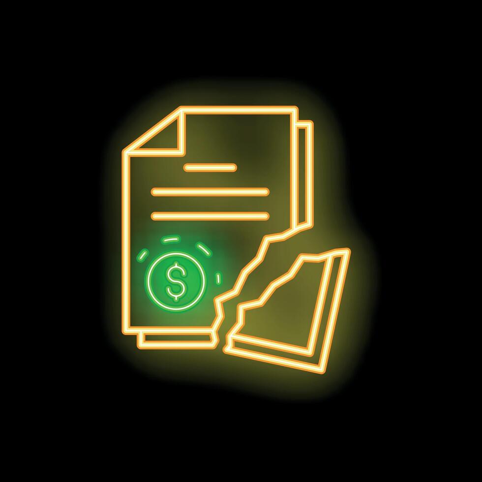 Neon icon of contract termination, debt cancellation, bankruptcy representing financial loss or agreement dissolution vector