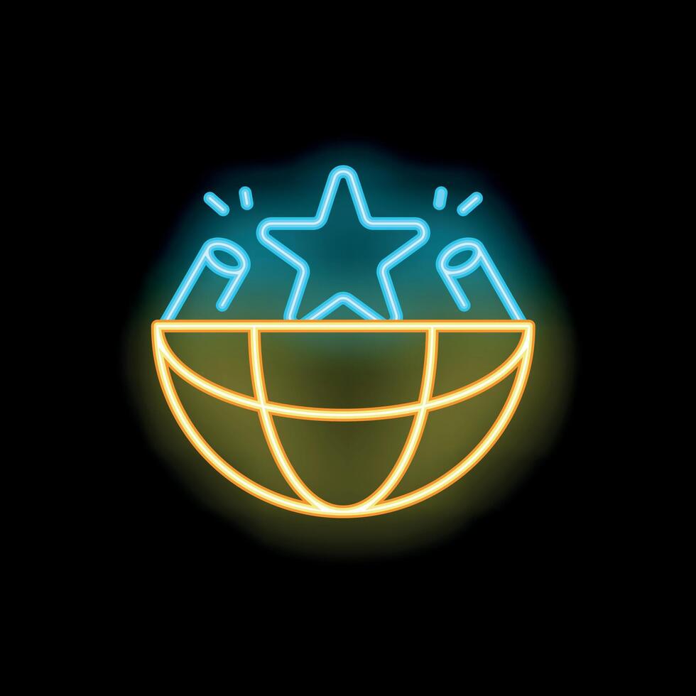 Neon icon representing global success with star shining over planet earth vector