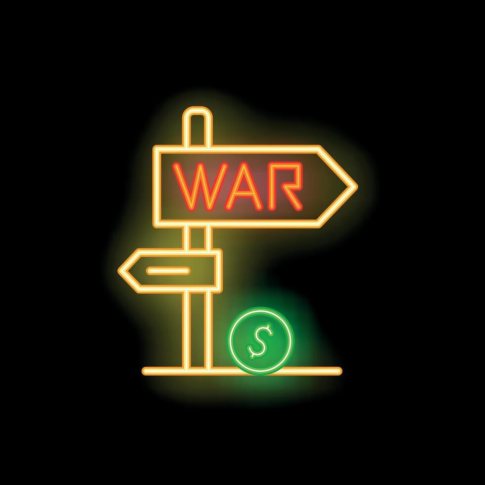 Neon sign depicting war with dollar sign representing military industrial complex vector