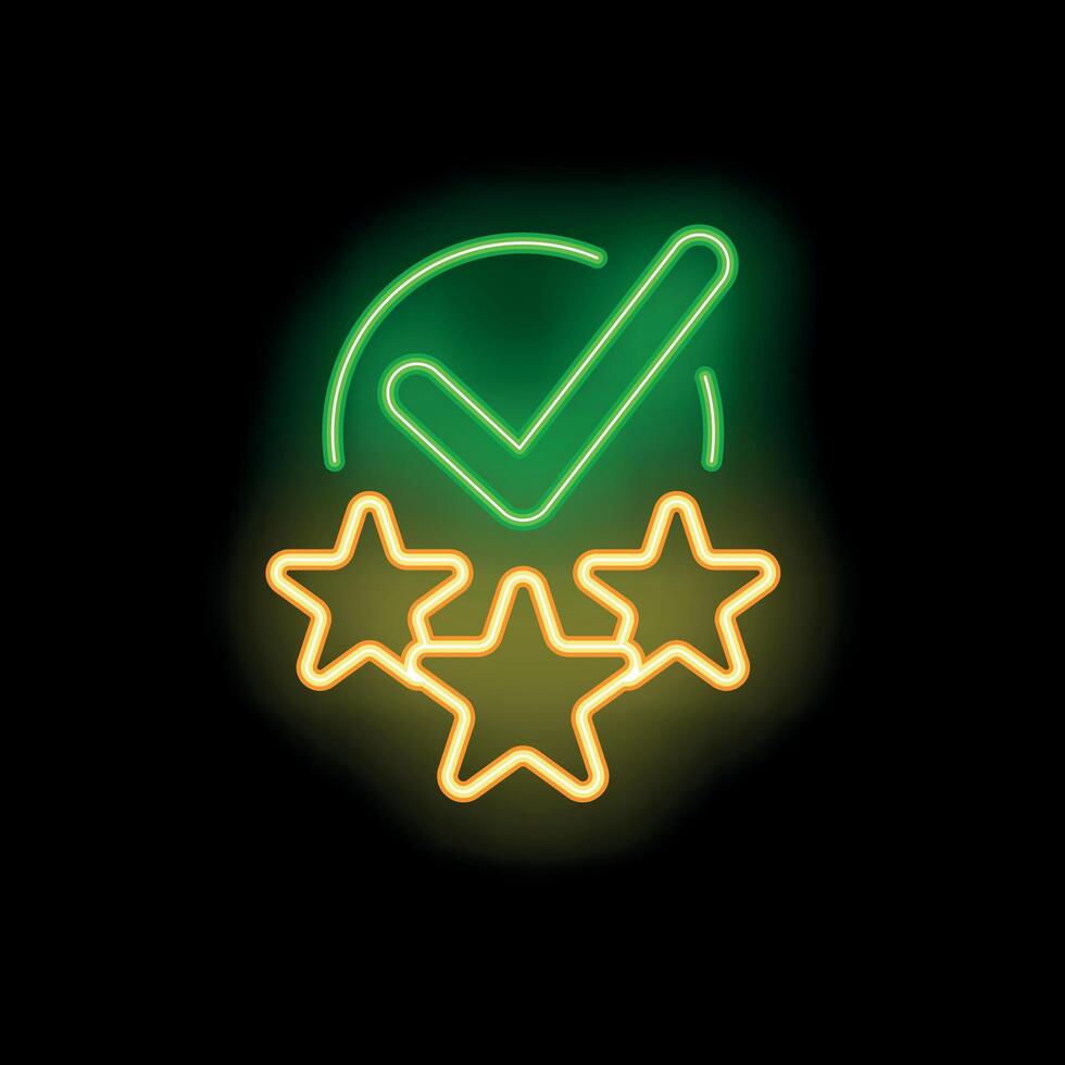 Green neon check mark validating three yellow neon stars on black background vector