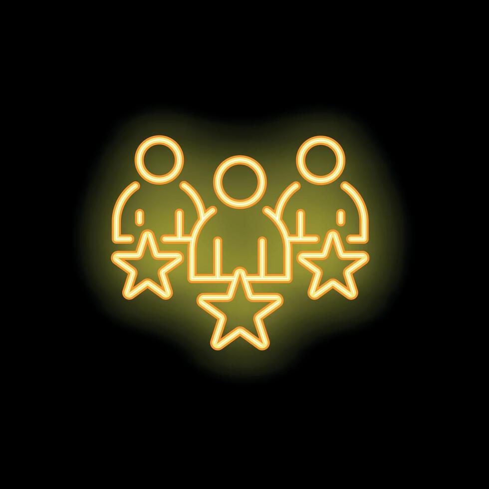 Neon icon of three people standing with stars representing customer review rating vector