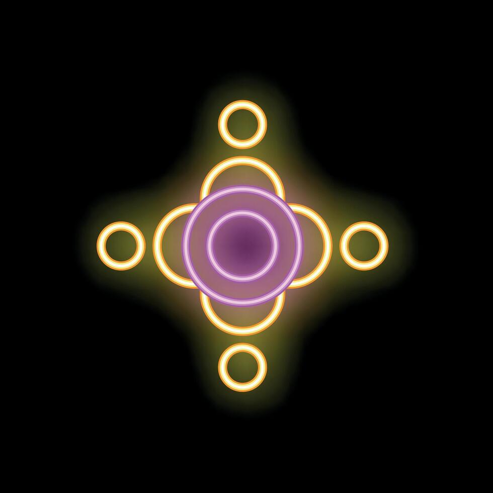 Neon light representing a network of interconnected circles glowing on black background vector