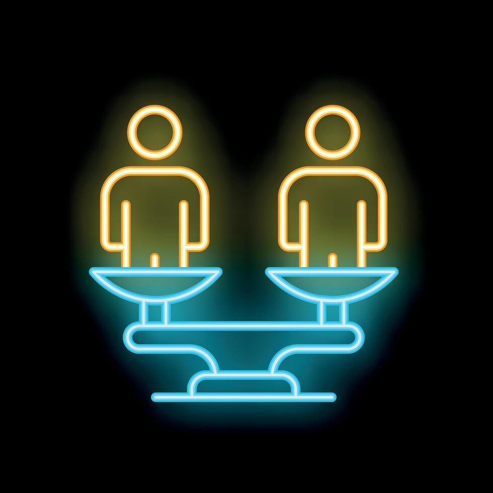 Neon icon of two people standing on scales representing equality and balance vector