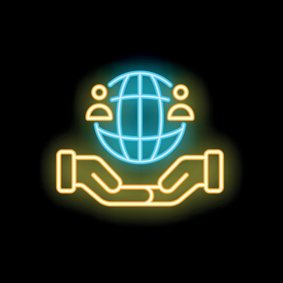 Two hands holding globe with two people icon neon style vector