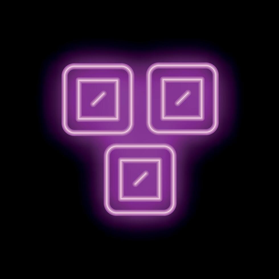 Three neon square glowing icons on black background vector