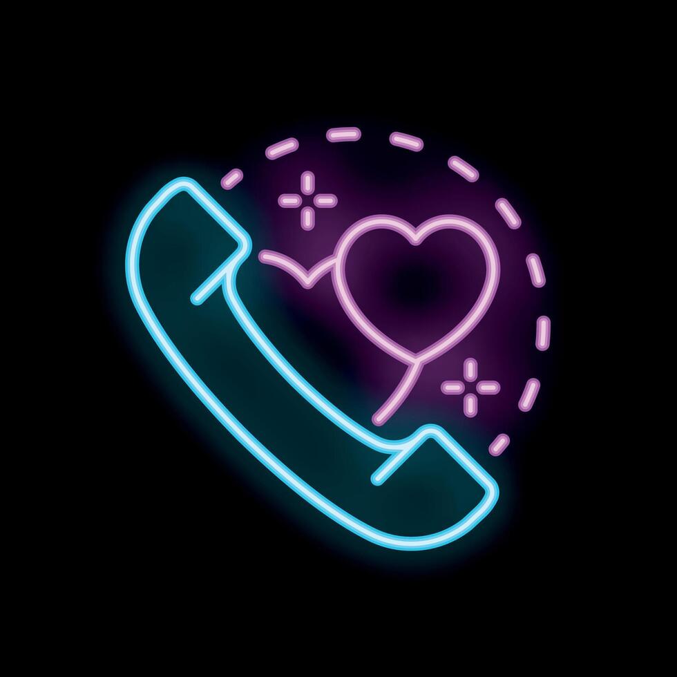 Neon phone handset spreading love with heart shape on black background vector