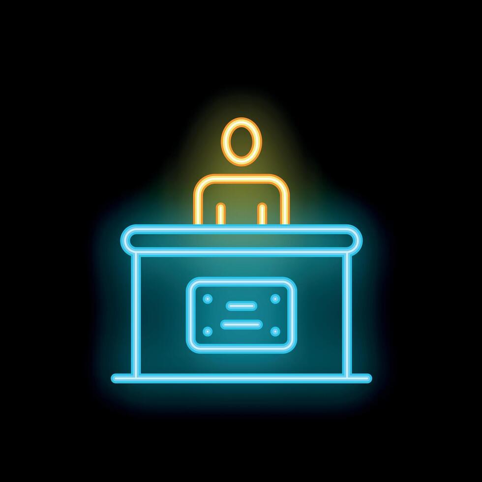 Neon sign of reception desk with a receptionist standing behind it vector