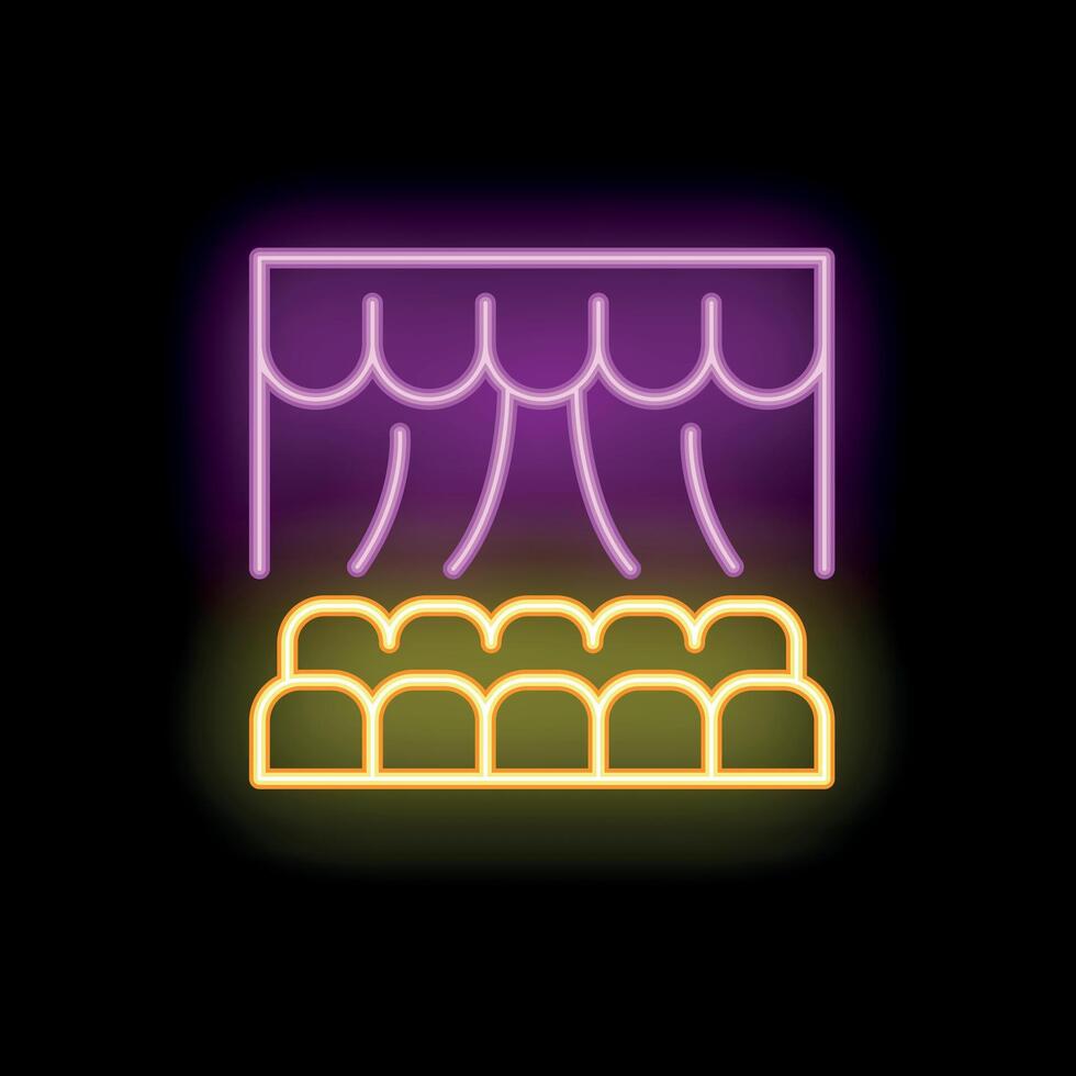 Glowing neon sign of theater stage with curtains and seats vector