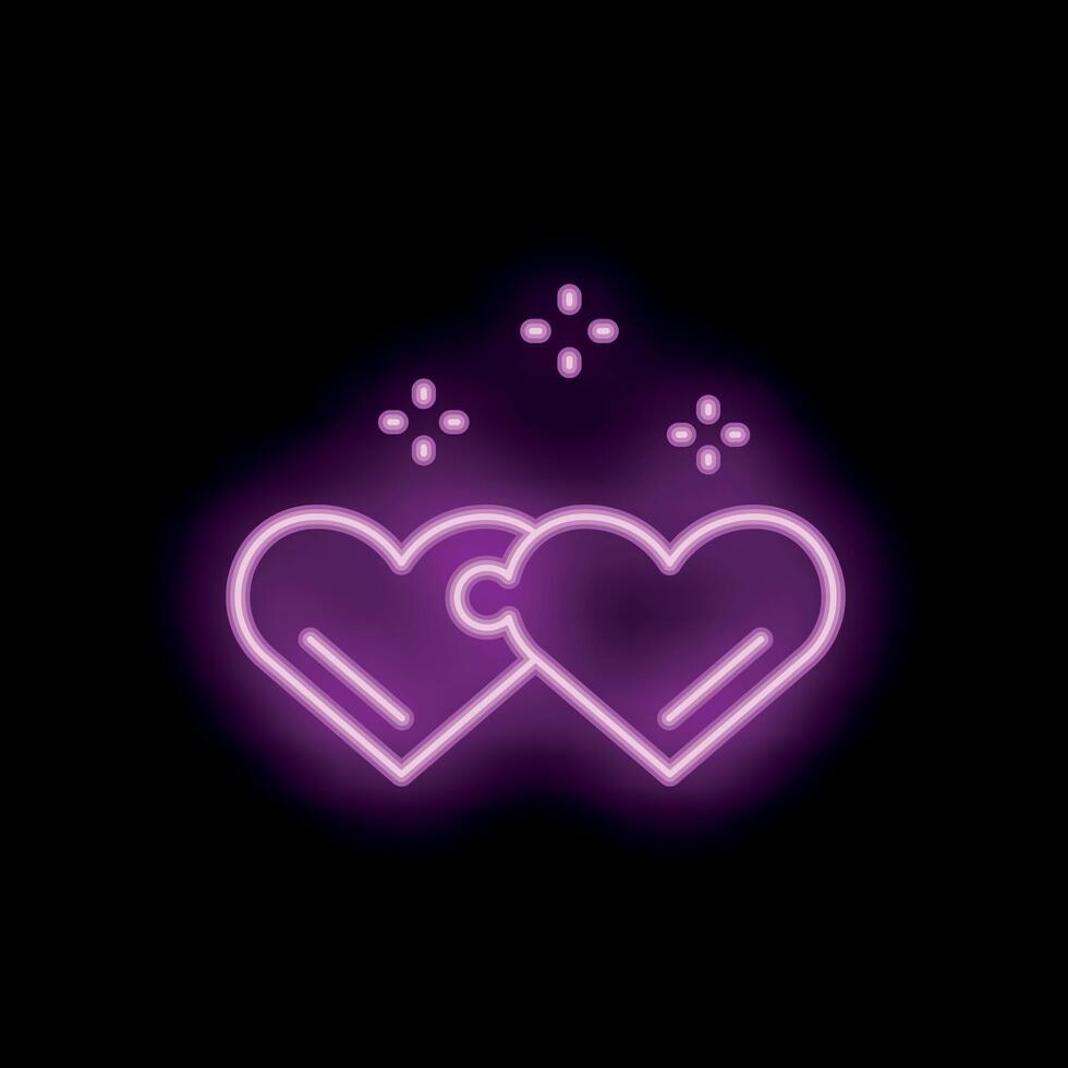 Neon sign of two hearts joining as puzzle pieces, glowing pink on a black background vector