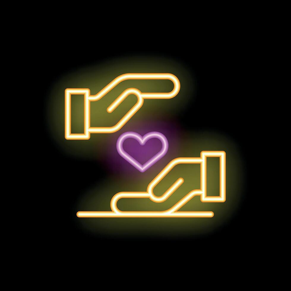 Two hands holding heart neon sign on black background vector
