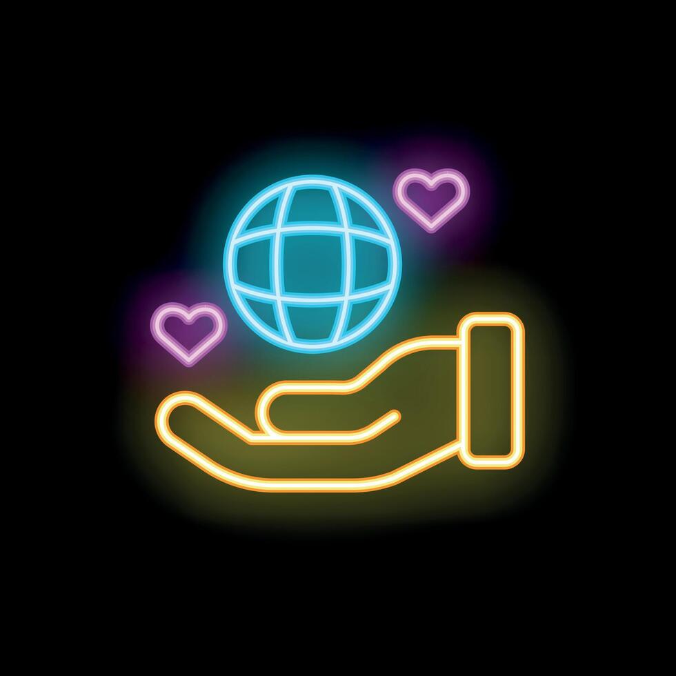 Hand holding earth globe with neon hearts glowing vector
