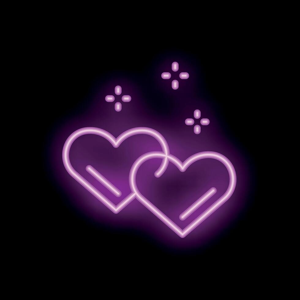Two glowing neon hearts forming romantic symbol vector