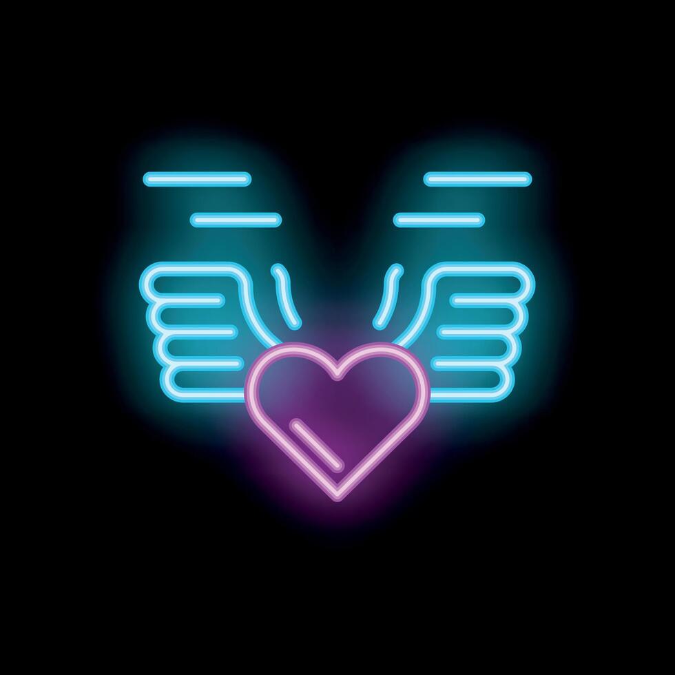 Neon heart taking flight with angel wings on black background vector