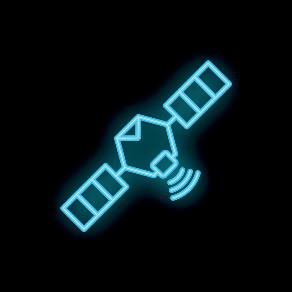 Neon satellite icon transmitting signal in space vector