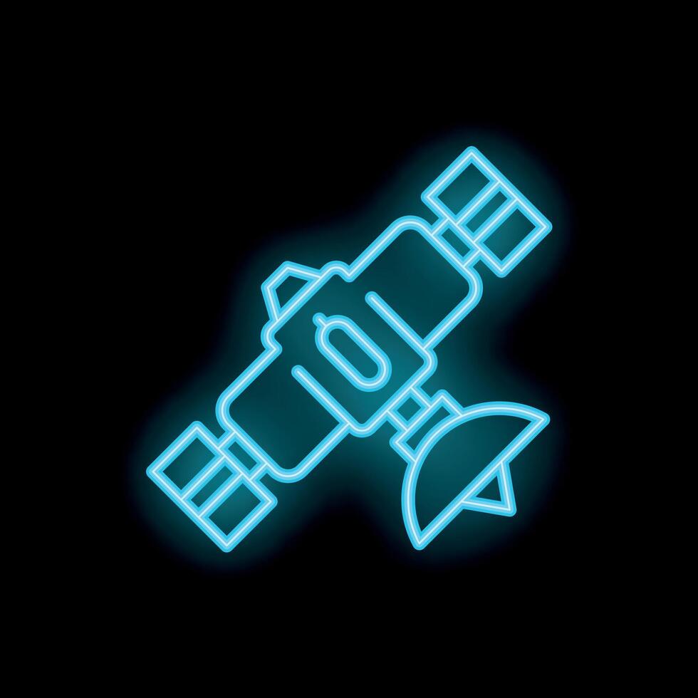 Neon satellite icon orbiting earth with glowing blue light vector