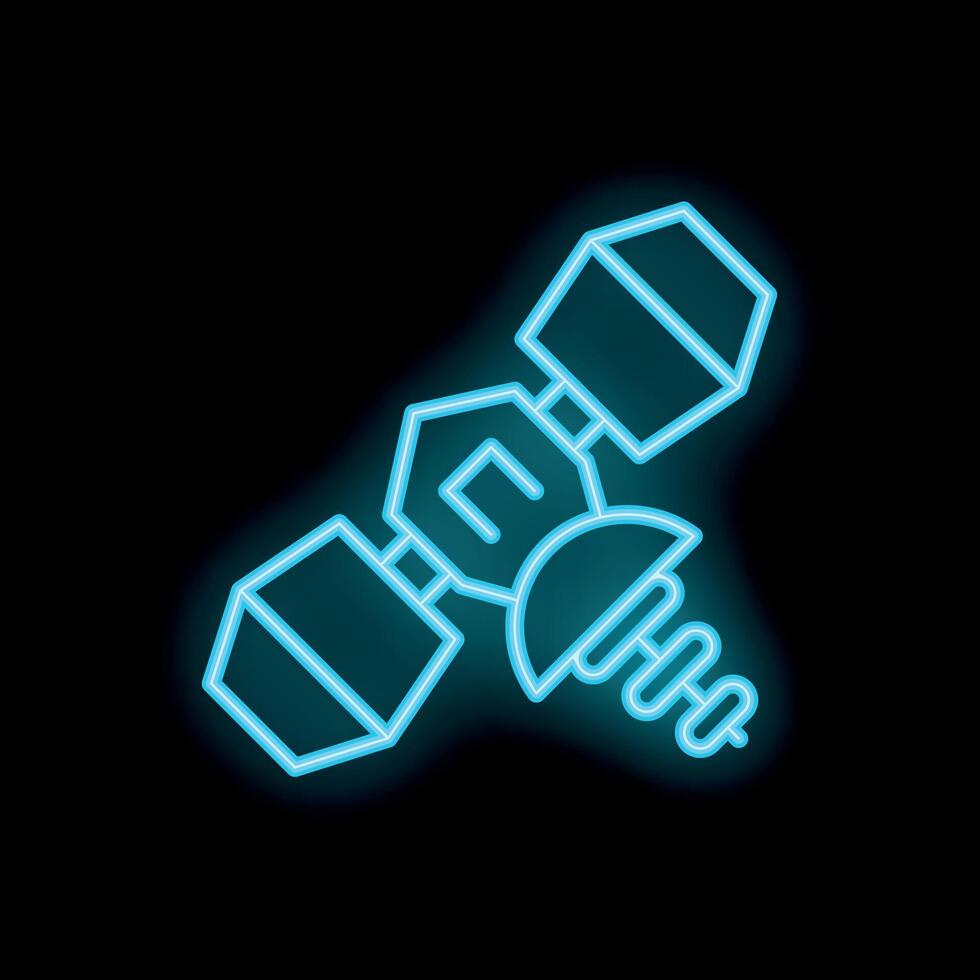 Blue neon satellite orbiting earth icon on black background vector