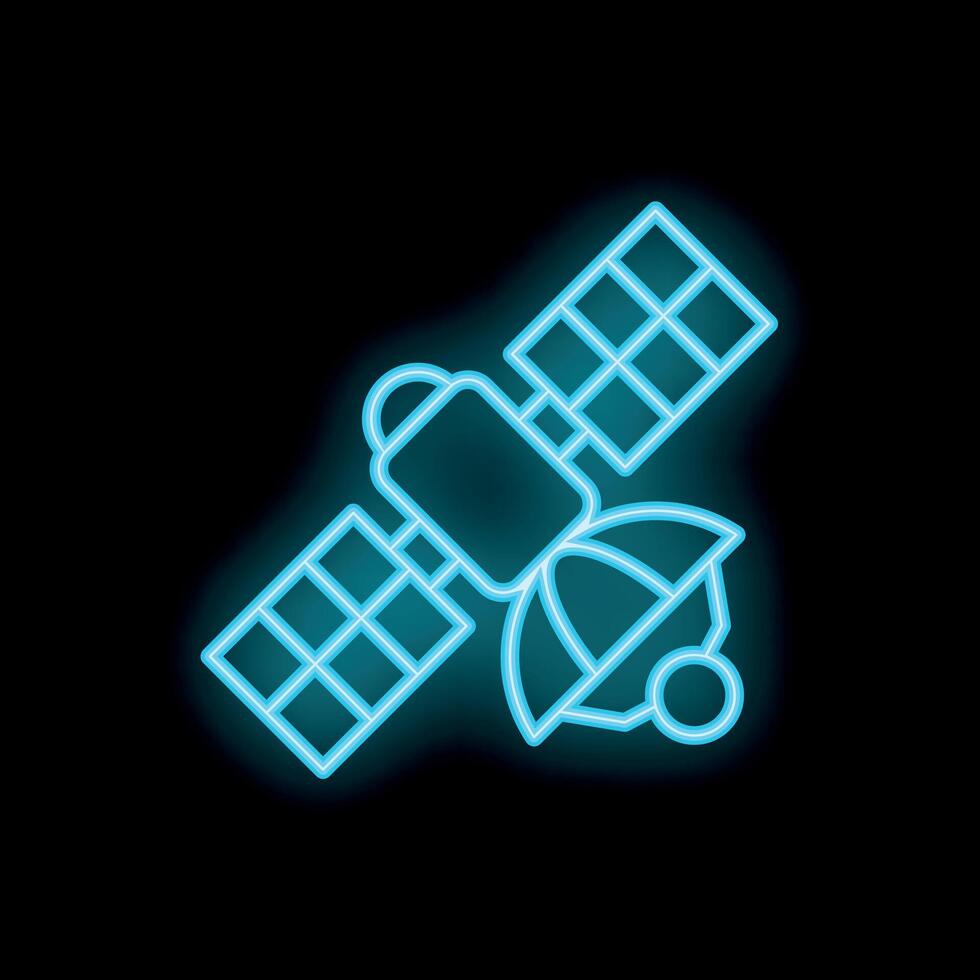 Neon satellite icon orbiting earth with solar panels extended vector