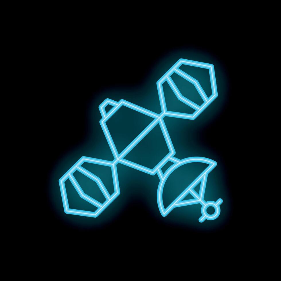 Bright blue neon space satellite icon glowing on black background vector