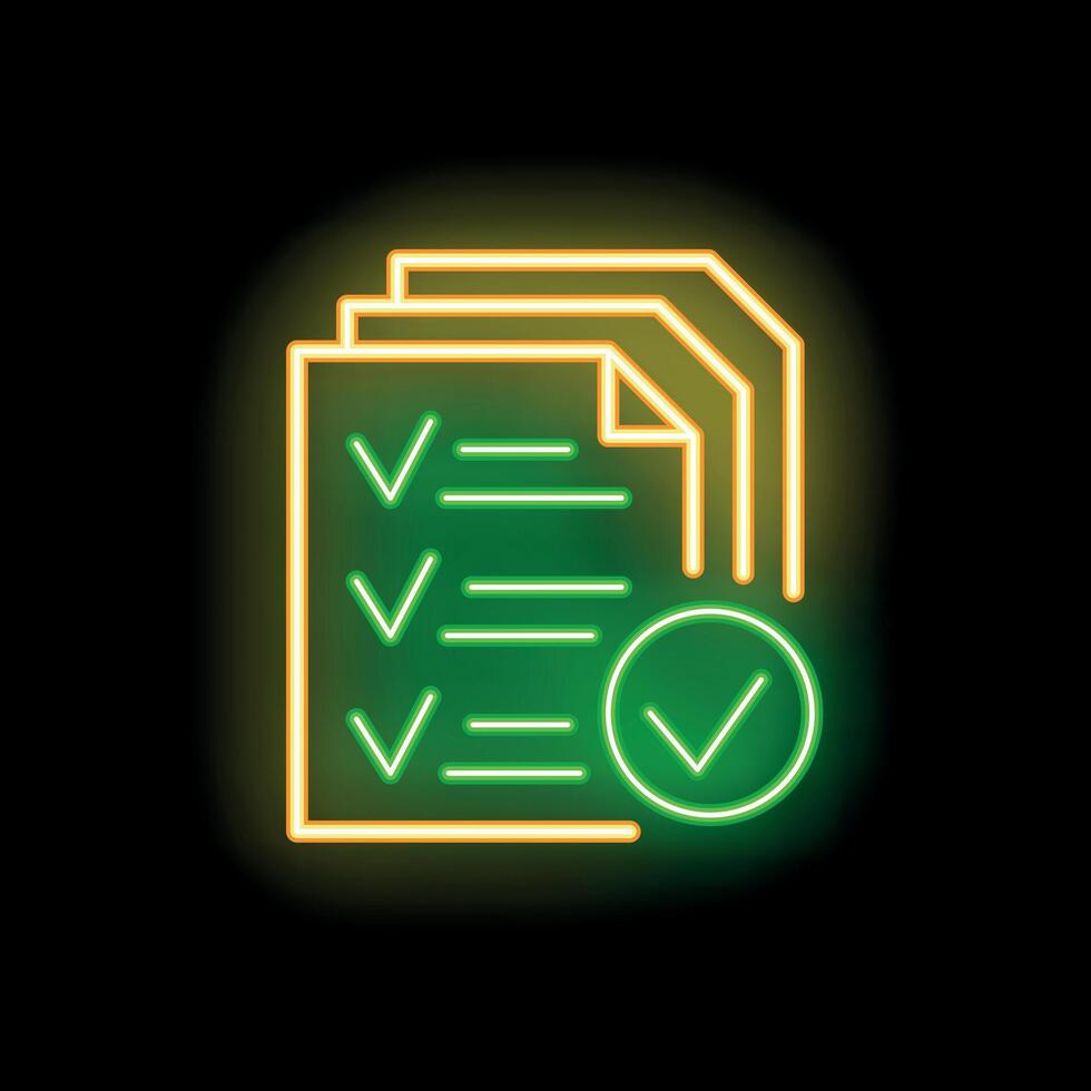 Neon icon of documents with check marks representing completed tasks vector