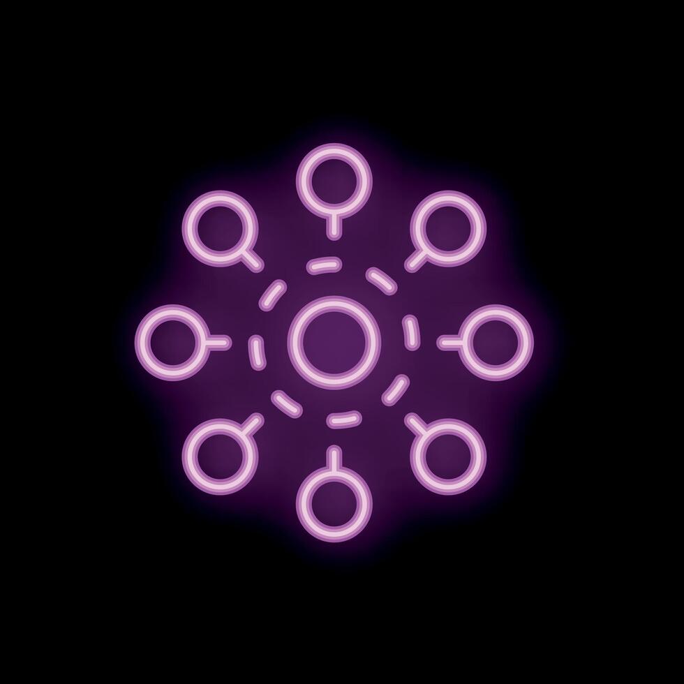Neon hub and spoke network connecting nodes icon illustration vector