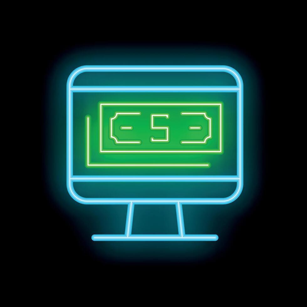 Glowing neon line computer monitor with dollar bill icon isolated on black background. Internet banking concept. illustration vector