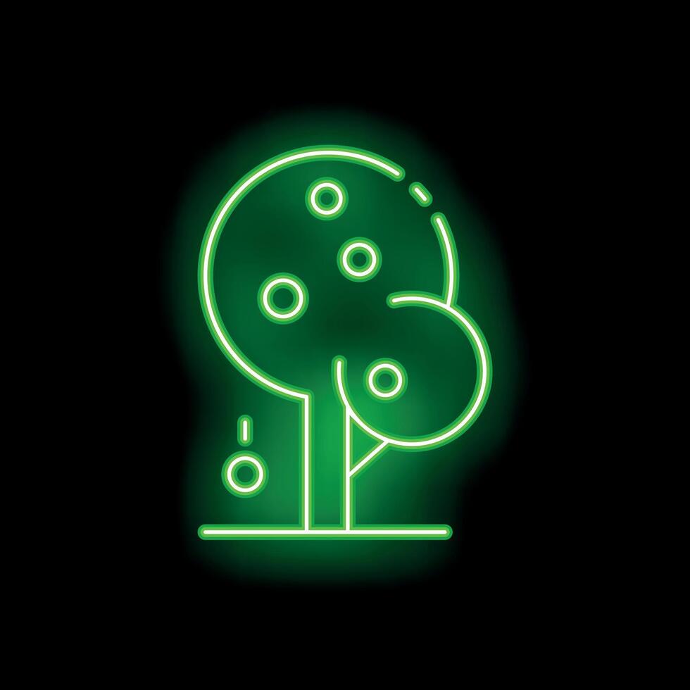 Bright green neon sign depicting a tree with apples on a black background vector