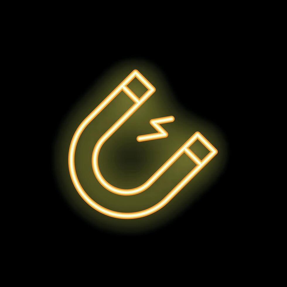 Yellow neon sign of a magnet generating force on black background vector