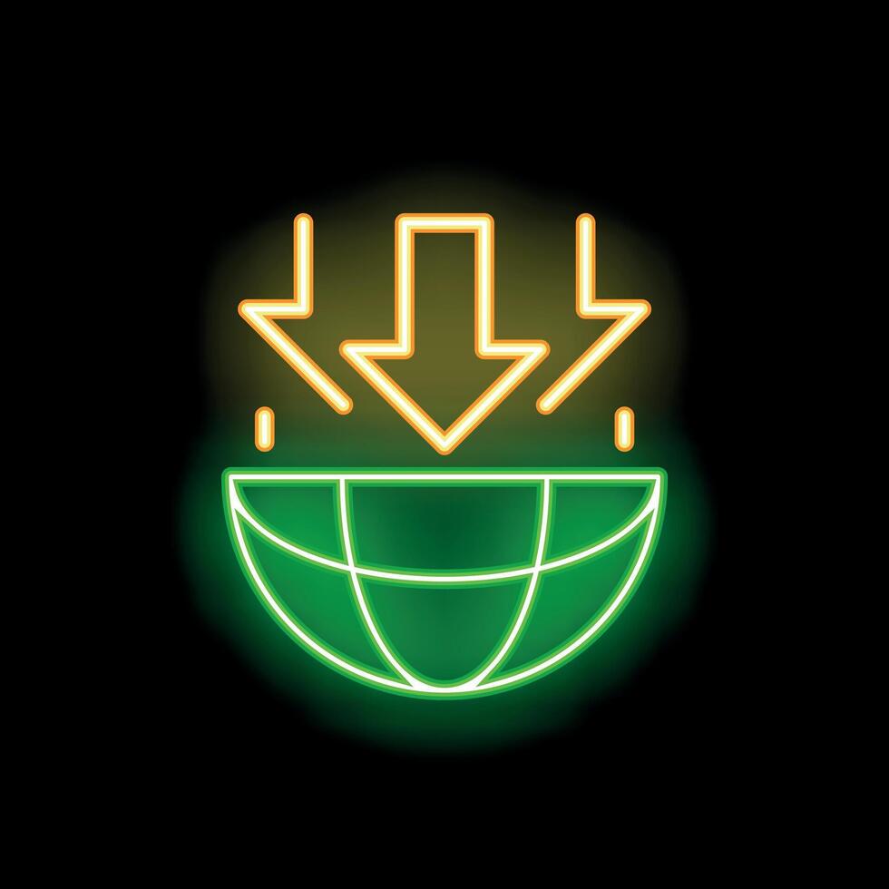 Neon arrows pointing down to planet earth icon vector
