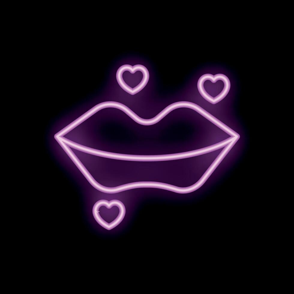 Neon pink lips showing love with hearts on black background vector