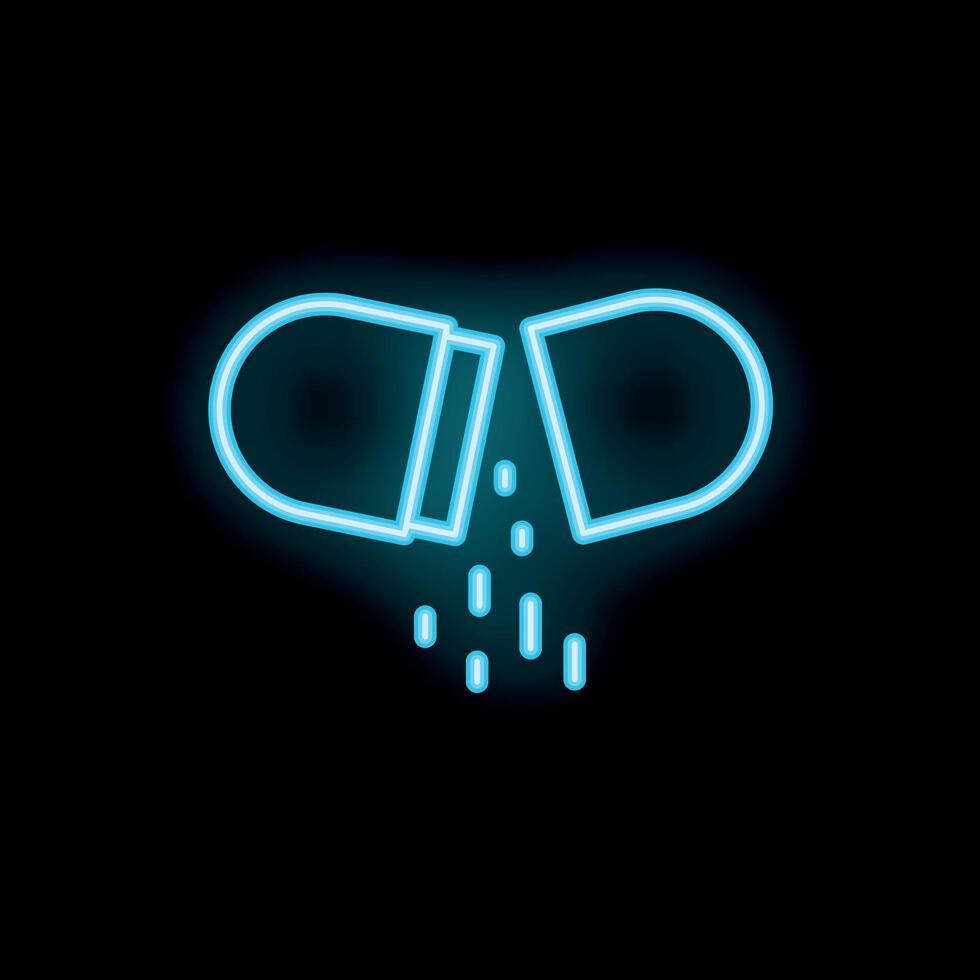 Neon blue open medical pill pouring out contents on black background vector