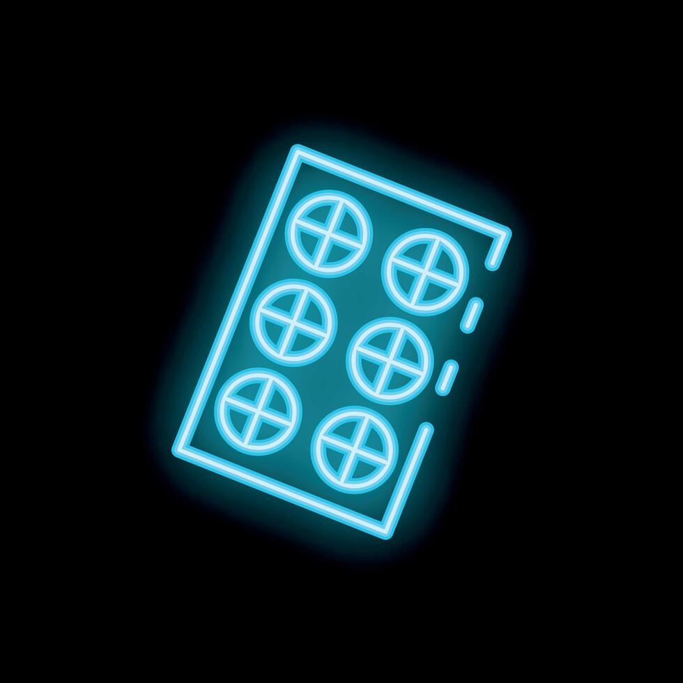 Blue neon icon of a blister pack glowing on a black background vector