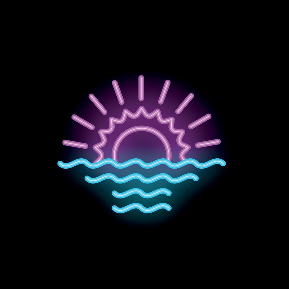 Neon sunset shining on water waves icon vector
