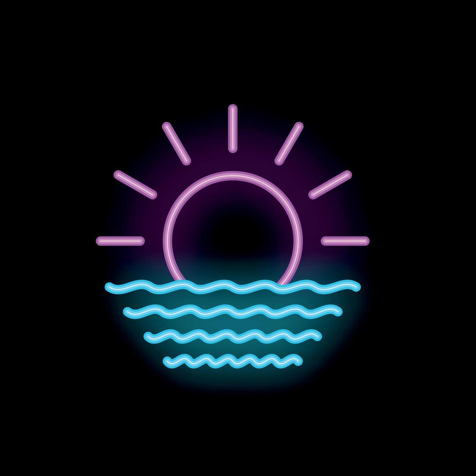 Neon icon of sun setting over water waves vector