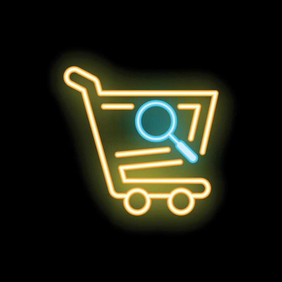 Neon shopping cart icon with magnifying glass symbolizing online shopping search vector