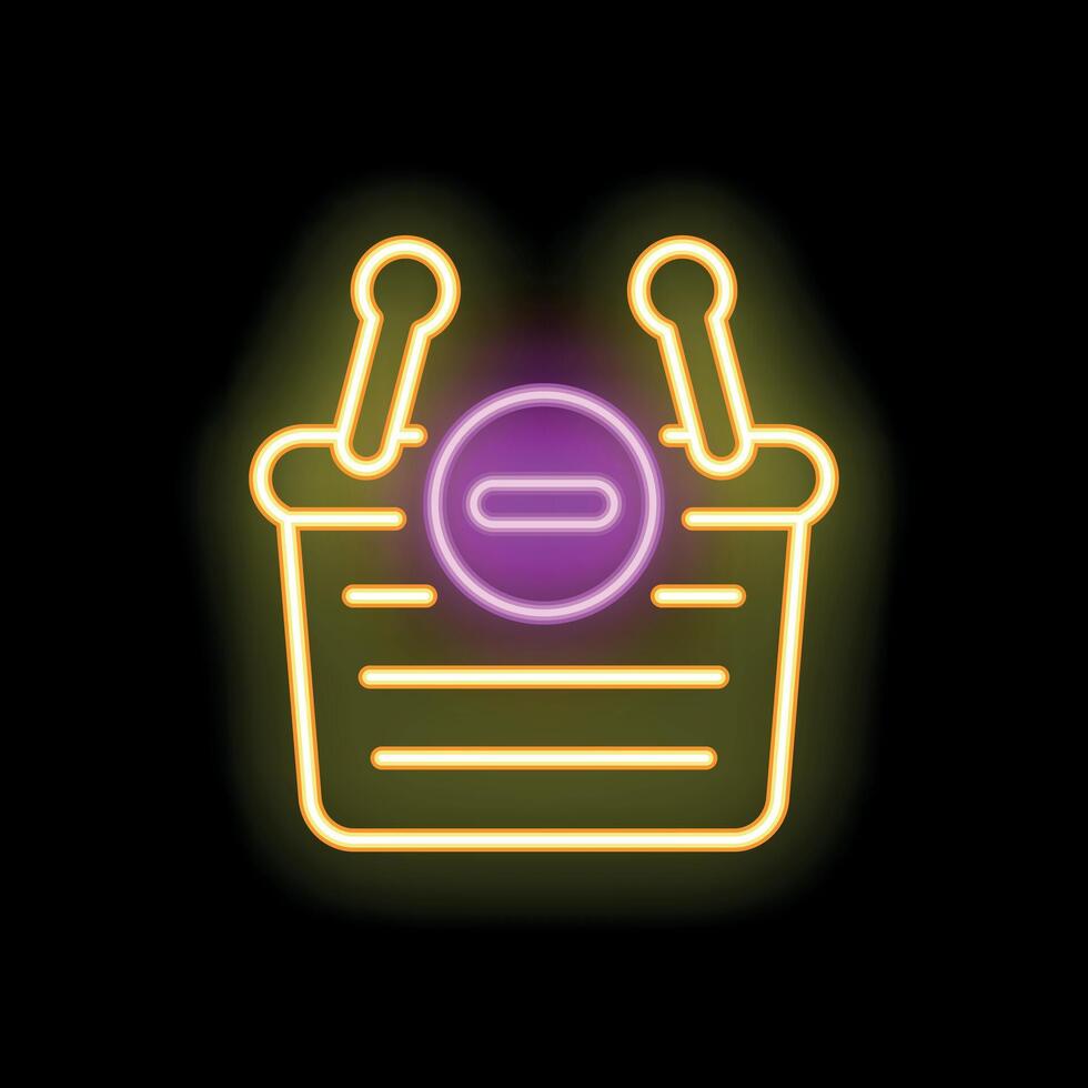 Neon shopping basket with minus sign showing online shopping issue vector