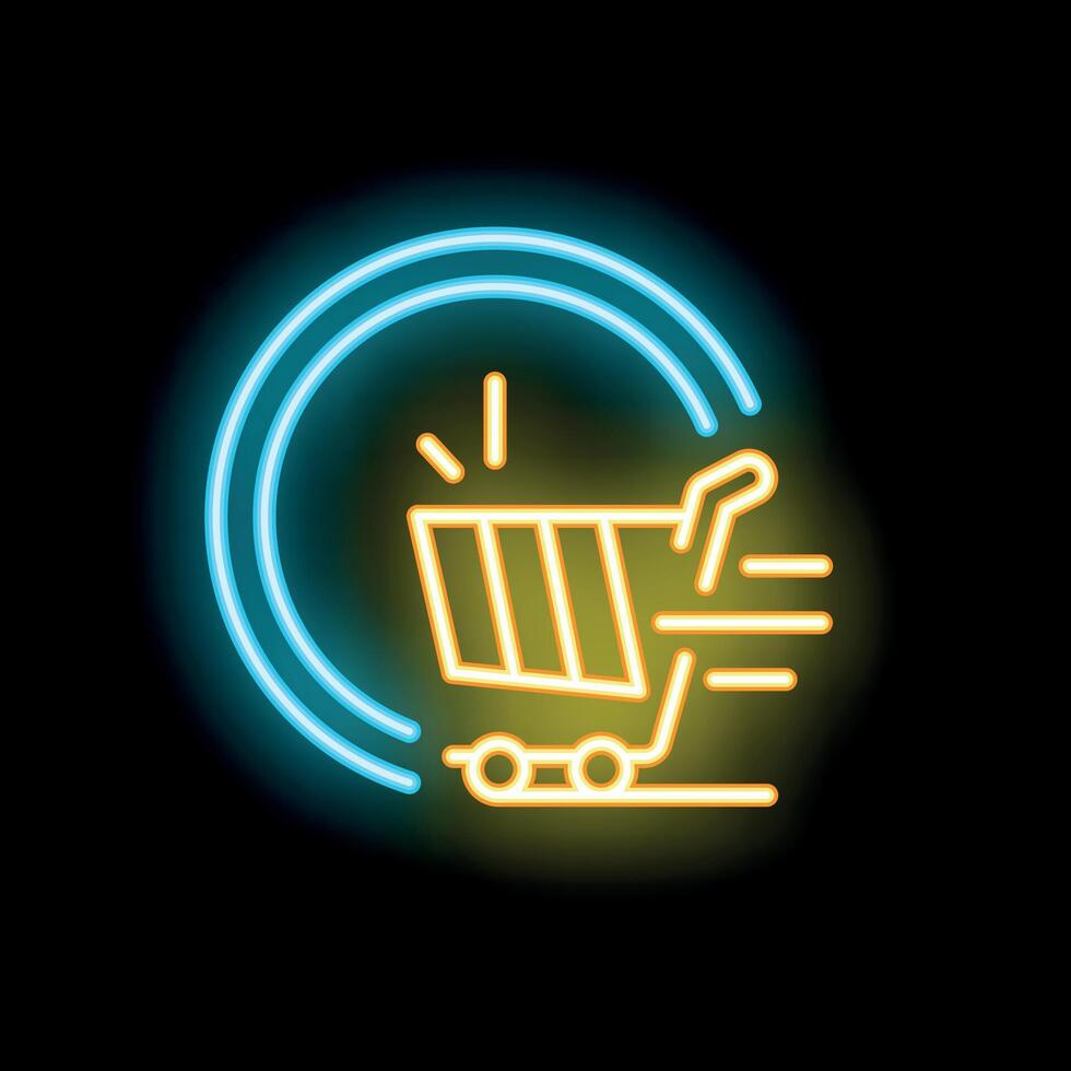 Neon shopping cart icon depicting fast delivery service vector