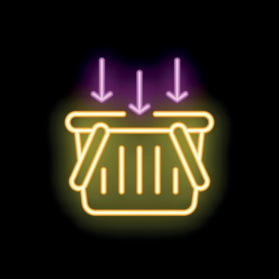 Neon sign of arrows pointing down at shopping basket on black background vector